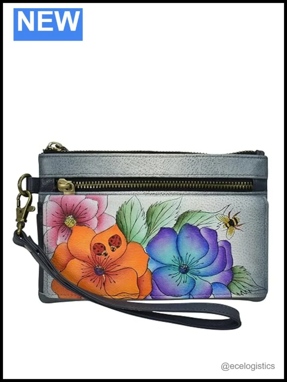 Hand Painted Genuine Leather Wristlet Organizer Wallet with 11 Card Holders